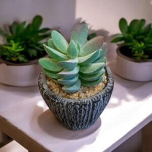 Green Faux Succulent in Textured Gray Planter